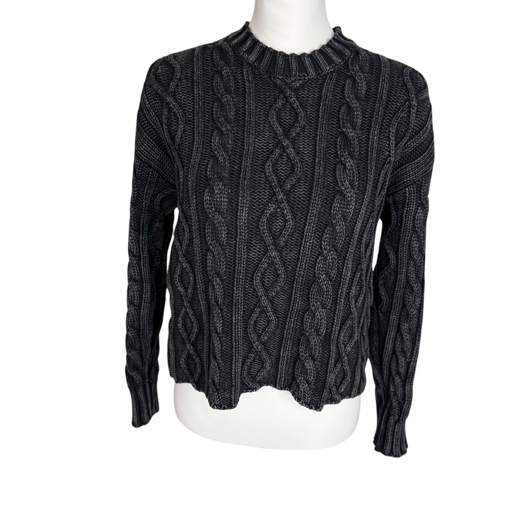 PISTOLA‎ Eva Sandwashed Black Cable Knit Cotton Sweater XS Mock Neck Cropped